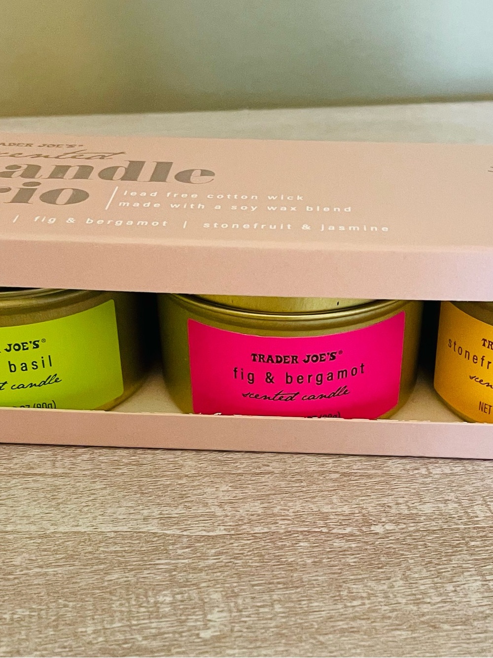 Trader Joe's Scented Candle tin Trio Lime Basil Fig Bergamot Stonefruit Jasmine